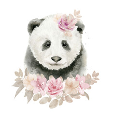 Panda Watercolor Animal Cute Drawing Flower Art. Watercolour illustration isolated on white background.