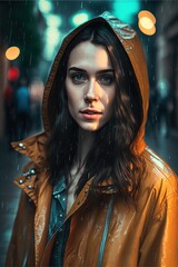 Young woman in a raincoat, generative ai, street fashion, brunette girl in the rain