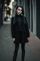 Goth girl in the street, young woman in black clothes, generative ai, street fashion