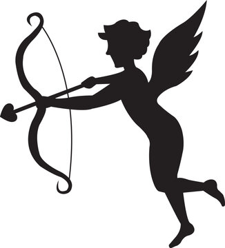 Silueta de Cupido con arco y flecha en forma de coraz&oacute;n. Vista de frente y de cerca Icono vector