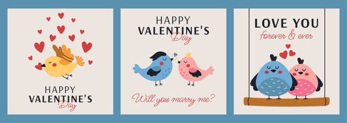 Happy Valentines Day  greeting cards, banners and posters square templates. Vector card with cute colorful birds and romantic words and wishes. 