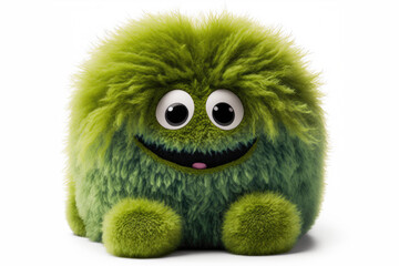 Cute happy fluffy green toy monster on white background, illustration of funny creature isolated on white, generative ai
