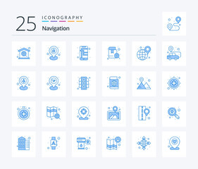 Navigation 25 Blue Color icon pack including map. journey. lock. book. phone