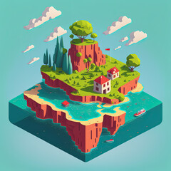 Cartoon isometric private island with houses and mountain, Generative
