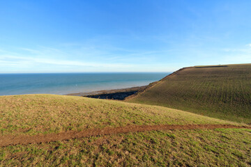 Fototapeta na wymiar Coastal path on the Ault cliffs in Picardy coast 
