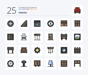 Interior 25 Line Filled icon pack including cabinet. interior. stairs. household. decoration
