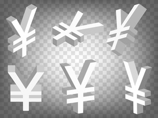 Set of perspective projections 3d Yen Sign model icons on transparent background.  High detailed 3d simbol of Yen .  Abstract concept of graphic elements for your design. EPS 10