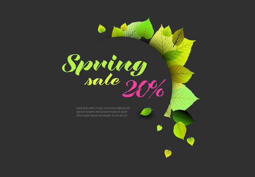 Green spring leafs sale post banner layout template with circle frame dark version