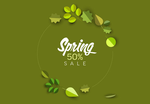 Spring green leafs  sale tag layout template on green background