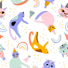 Cute hand drawn cats with festive birthday decorations having fun at the party. Seamless vector pattern with domestic colorful animals