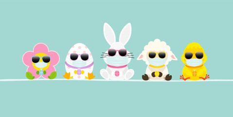 Weißer Osterhase & Freunde Mit Küken Maske Sonnenbrille Banner Türkis