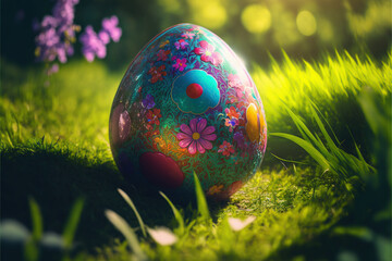 Easter eggs on grass. close up. selective focus, AI