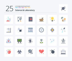 Science 25 Flat Color icon pack including science. bulb. book. science. bowl