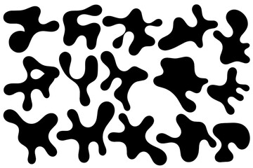 Big set of organic abstract random blob shapes. Fluid irregular forms elements. Liquid blotch silhouettes, water, wave, ink, abstract black element, bubble shapes, irregular oval, random shapes.
