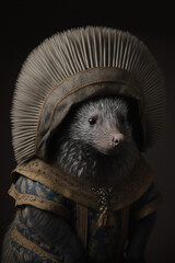 Porcupine dressed up in historical costume against dark background. Generative AI