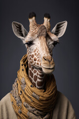 Obraz premium Giraffe dressed up in historical costume against dark background. Generative AI