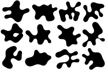 Big set of organic abstract random blob shapes. Fluid irregular forms elements. Liquid blotch silhouettes, water, wave, ink, abstract black element, bubble shapes, irregular oval, random shapes.