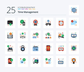 Time Management 25 Flat Color icon pack including clock. solid. waste. game. time