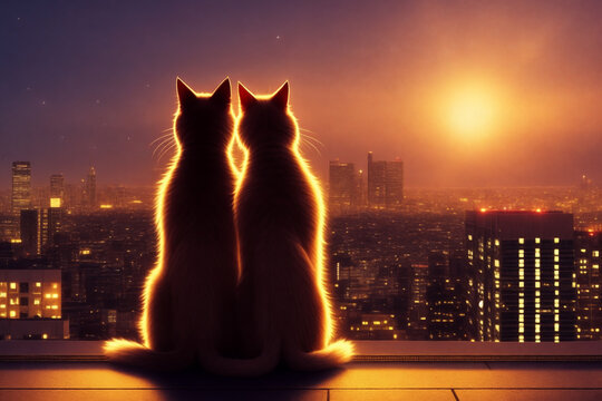 two cats in love with big city at night with lights in the background created with Generative AI technology