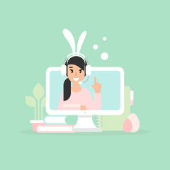 Easter operator with bunny ears. Webinar, online class, remote team work concept. Learn and study via teleconference or video course. Holiday consulting, job online, internet.