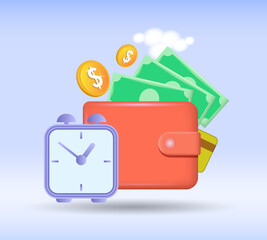 
A watch with gold dollar coins in the wallet. Financial investments,
 Savings, Bank deposit, Future income, Monetary benefit. 3D vector illustration