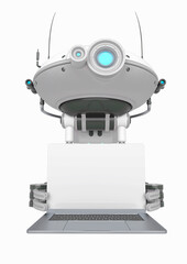 floating robot is holding a notebook with white space for advertising