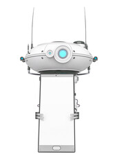 floating robot is holding a smart mobile cellphone with white space for advertising