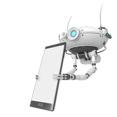 floating robot is holding a smart mobile cellphone with white space for advertising side view