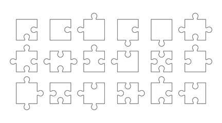 Outline puzzle pieces. Blank templates for game design, linear puzzle icons. Vector illustration isolated on white