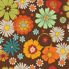 Fototapeta na wymiar Colorful Hand-Drawn Floral Vector Seamless Pattern. Retro 70s Style Nostalgic Fashion Textile Bold Background. Summer Resort Print. Daisies. Flower Power