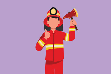 Graphic flat design drawing firefighters in complete uniform holding glass breaking axe with thumbs up gesture prepare to put out the fire that burned the building. Cartoon style vector illustration