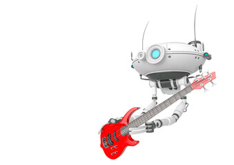 floating robot is holding and playing an electric guitar side view with copy space