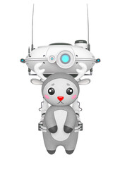floating robot is holding a christmas reindeer in white background