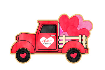 Truck of love cookie for valentine illustration watercolor painting design on white background.