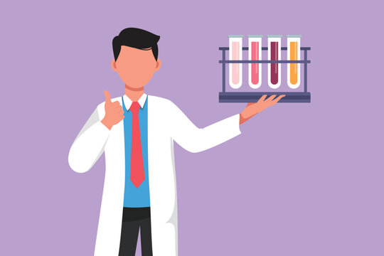 Character flat drawing smart male scientist holding measuring tube with thumbs up gesture and examining chemical solution to make vaccine due to pandemic outbreak. Cartoon design vector illustration
