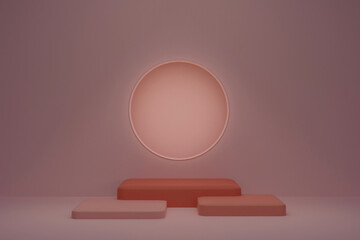 3d rendering. Mock scene of beige cube podiums on beige background with a glowing circle in the wall
