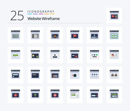 Website Wireframe 25 Flat Color icon pack including web. internet. website. video. web