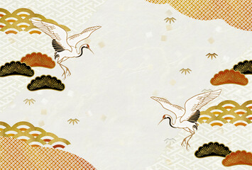 縁起物　背景・はがき素材　羽ばたく丹頂鶴　赤松黒松・竹・梅　青海波　 金箔散らし　和紙　　