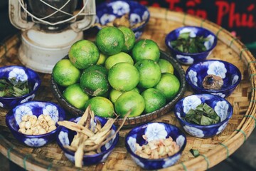 A selection of various herbs on a basket.