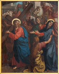 LUZERN, SWITZERLAND - JUNY 24, 2022: The painting of Jesus meet his mother Mary as part of Cross way stations in the church Franziskanerkirche from 19. cent.