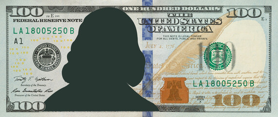 One hundred dollar bill without Benjamin Franklin portrait. Clipping path included.