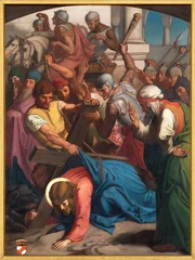 Tuinposter LUZERN, SWITZERLAND - JUNY 24, 2022: The painting Fall of Jesus under the cross as part of Cross way stations in the church Franziskanerkirche from 19. cent. © Renáta Sedmáková