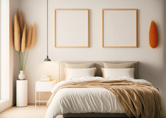 Two Empty Art Frames In A Modern Bedroom. Mockup Template For Art Prints. Generative AI