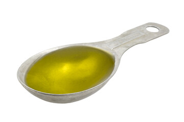 Measuring tablespoon of olive oil on a transparent background - obrazy, fototapety, plakaty
