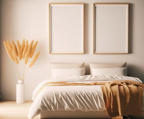 Two Empty Art Frames In A Modern Bedroom. Mockup Template For Art Prints. Generative AI