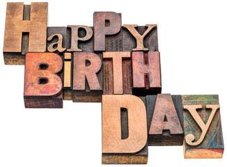 Happy Birthday sign or greeting card - isolated text in vintage mixed letterpress wood type on a transparent background
