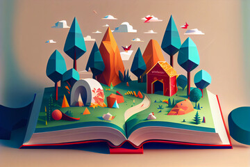 Low poly magic book with village and a landscape