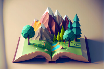 Low poly book with tree and mountains