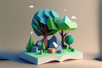 Low poly magic book with trees