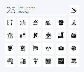 Labor Day 25 Solid Glyph icon pack including angle . hardware. industrial helmet. hard hat